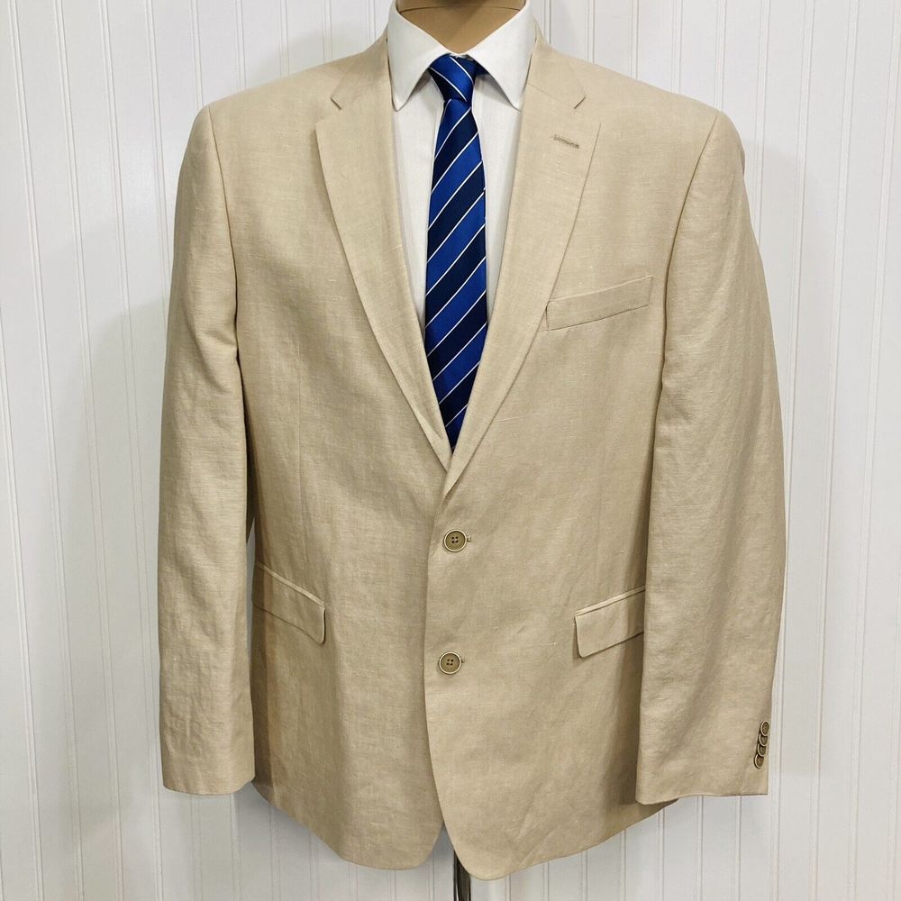 TOMMY HILFIGER Sport Coat Men 44 Linen Cotton Khaki Tan Beige Blazer Jacket 44L